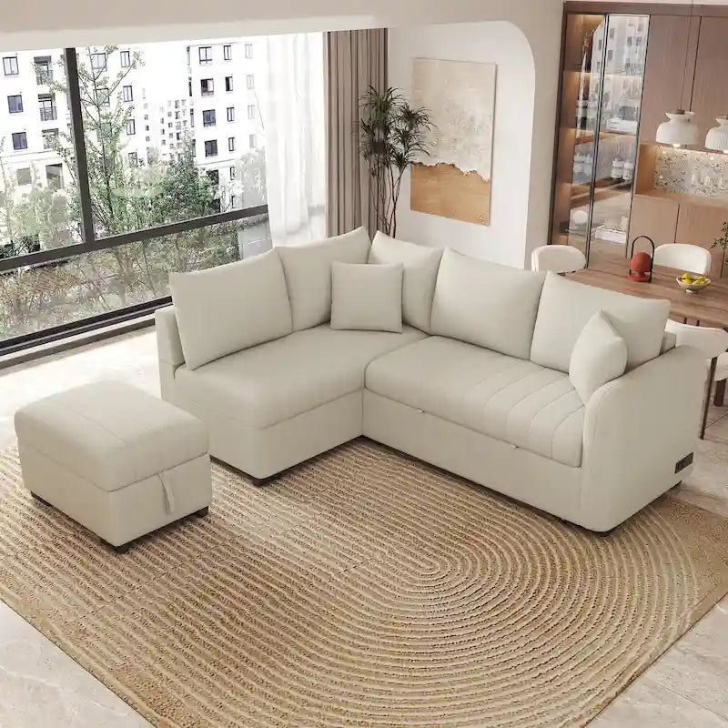 Sectional Sofa Bed with Storage Ottoman USB Ports and Pull Out Design