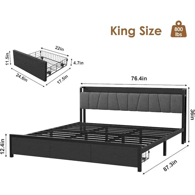 Industrial Black Bed Frame with Storage Headboard, Featuring 2 Spacious Drawers and Built-in Charging Station