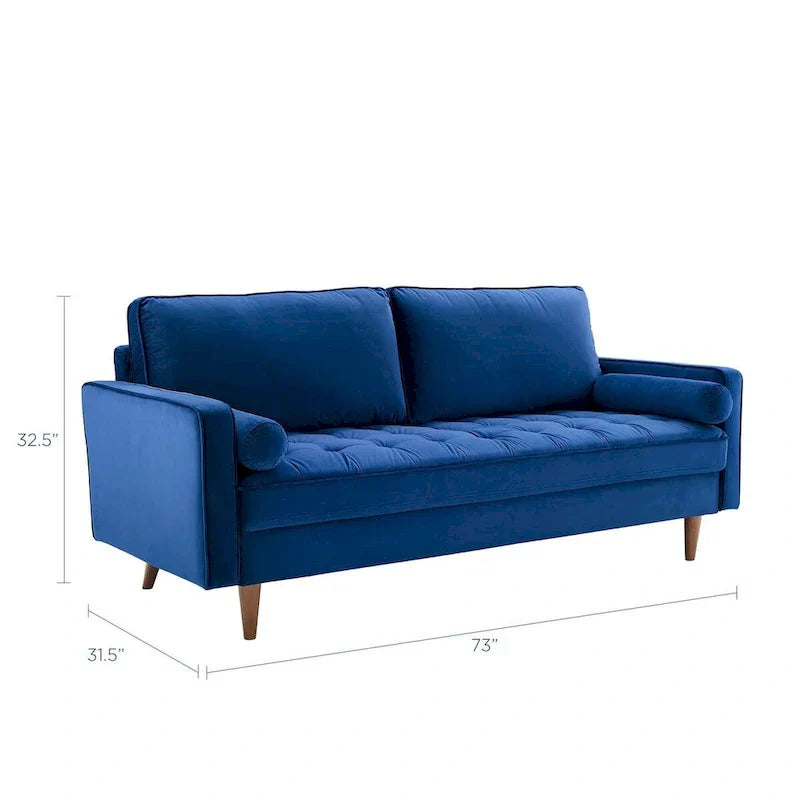Mid Century Velvet Sofa with Tufted Back and Wooden Legs