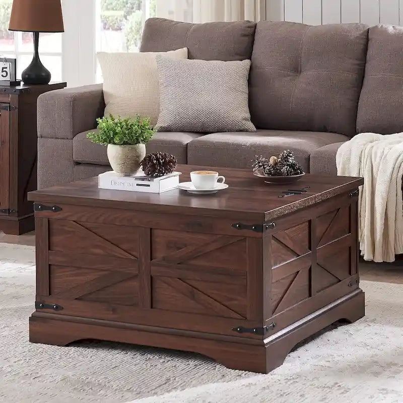 Rustic Square Wood Coffee Table for Living Room - Farmhouse Style