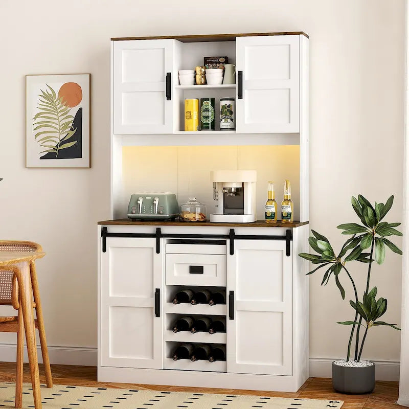 Rustic White Farmhouse Bar Cabinet with Sliding Barn Door - Spacious Kitchen Buffet and Coffee Bar Sideboard Table