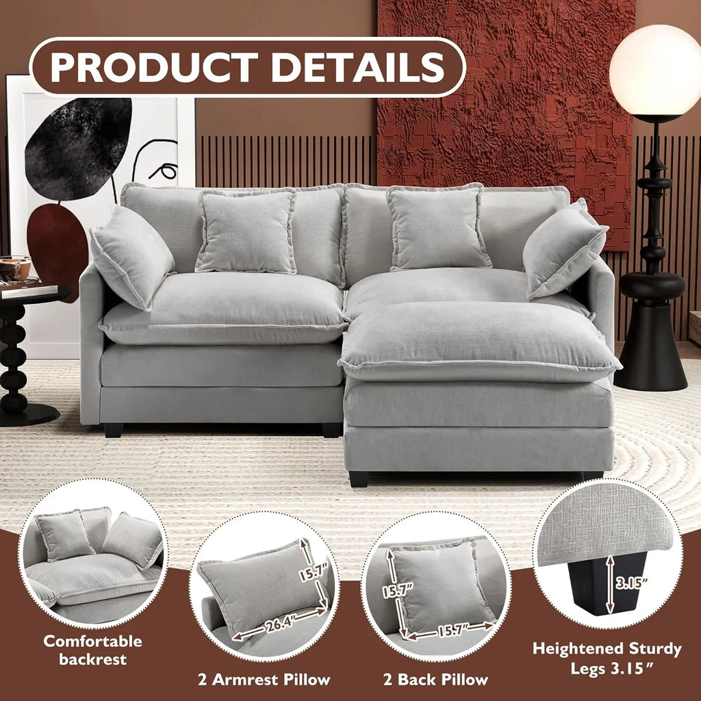 Ihanherry 146" U-Shaped Modern Sofa Modular Sectional Cloud Couch with 2 Ottoman, 6-Seat Chenille Deep Seat Sofa with 6 Pillows for Living Room, Bedroom and Apartment, Grey