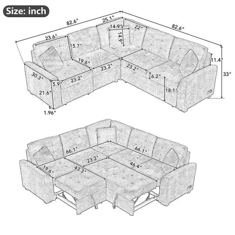 L-Shaped Pull-Out Sleeper Sofa with Wheels, USB Charging Ports, and Power Outlets