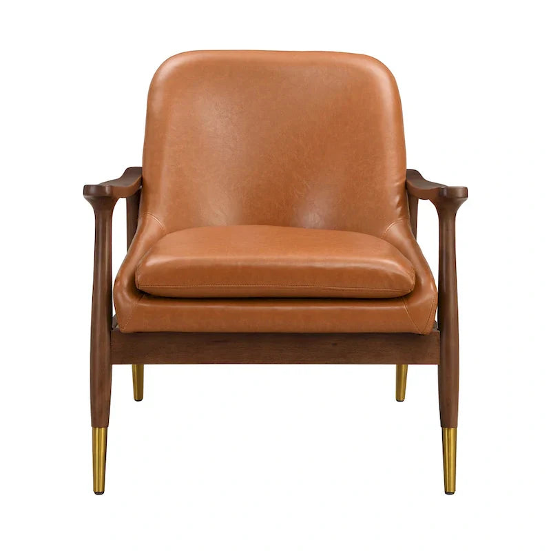 Mid-Century Modern Faux Leather Accent Chair - 29.2", Cushioned Seat, Sturdy Wood Frame, and Brass-Tipped Legs