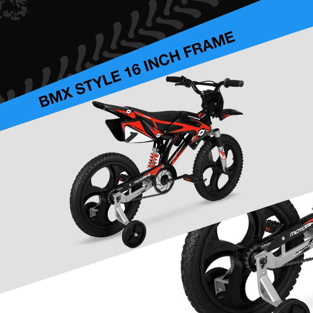 Hyper Bicycles 16" Kids Motobike with Mag Wheels, including training wheels, Black/Red