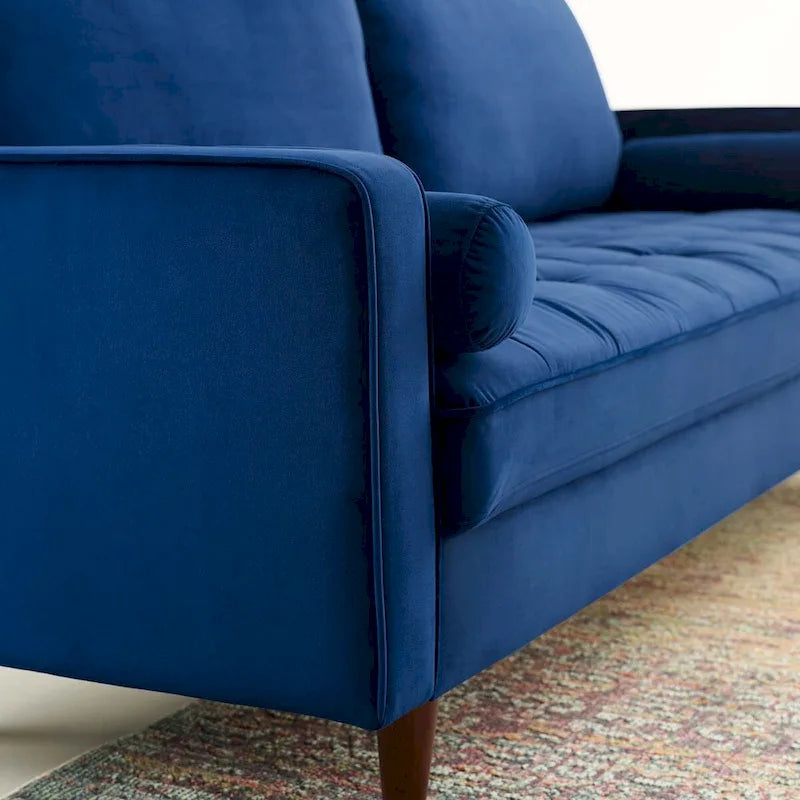 Mid Century Velvet Sofa with Tufted Back and Wooden Legs