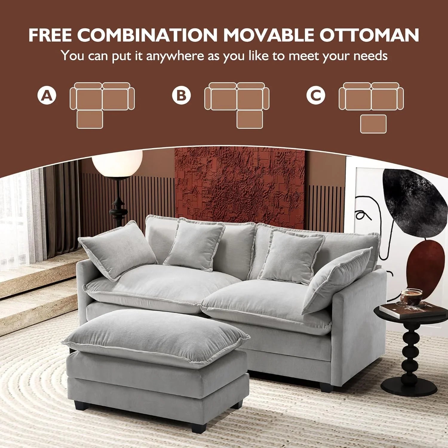 Ihanherry 146" U-Shaped Modern Sofa Modular Sectional Cloud Couch with 2 Ottoman, 6-Seat Chenille Deep Seat Sofa with 6 Pillows for Living Room, Bedroom and Apartment, Grey