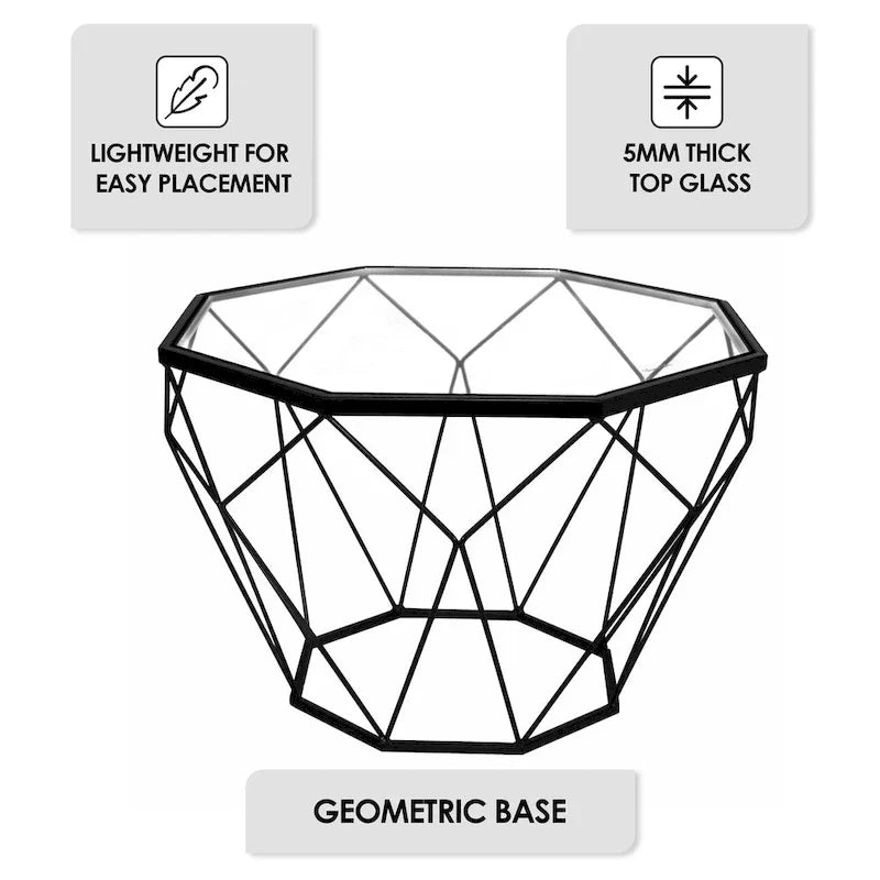 Malibu 22 Modern Octagonal Coffee Table with Tempered Glass Top and Durable Metal Geometric Base for Living Room or Office