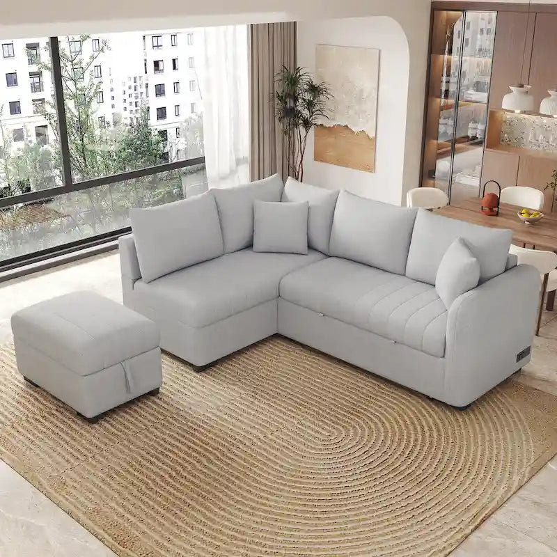 Sectional Sofa Bed with Storage Ottoman USB Ports and Pull Out Design