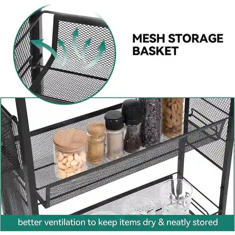 Kleio 4-Tier Wooden Kitchen Cart with Wheels and Baskets - Mobile Utility Storage