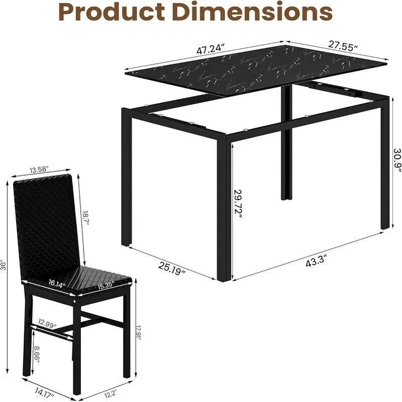 Grondin Contemporary 5-Piece Dining Set with Tempered Glass Table and 4 Diamond-Stitched PU Leather Chairs