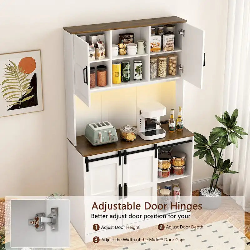 Rustic White Farmhouse Bar Cabinet with Sliding Barn Door - Spacious Kitchen Buffet and Coffee Bar Sideboard Table