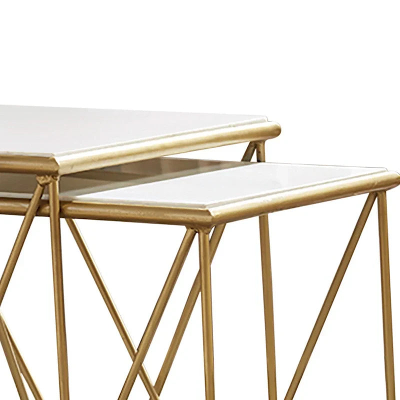 Set of 2 Marble Top Nesting Tables with Geometric Gold Base, White Finish