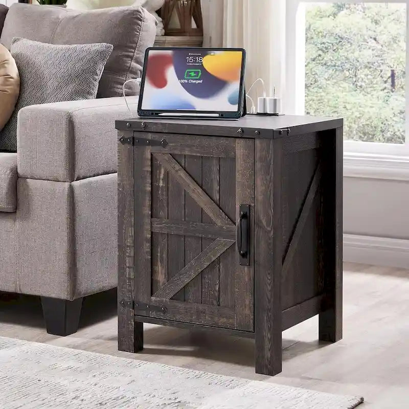 Rustic Wood Nightstand with Charging Station – Versatile End Table and Side Table