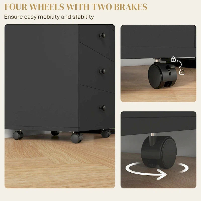 HOMCOM Mobile 3-Drawer Office Storage Cabinet with Removable Tray - Under-Desk Printer Stand on Wheels