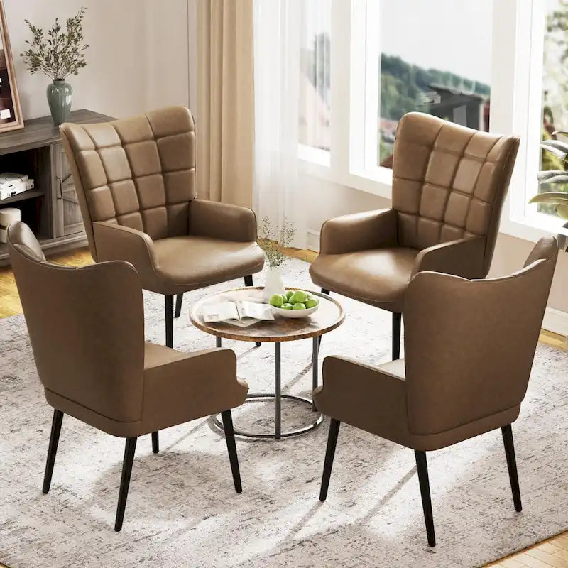 Set of 2 High-Back Tufted Accent Chairs in Cream, Brown, and Taupe