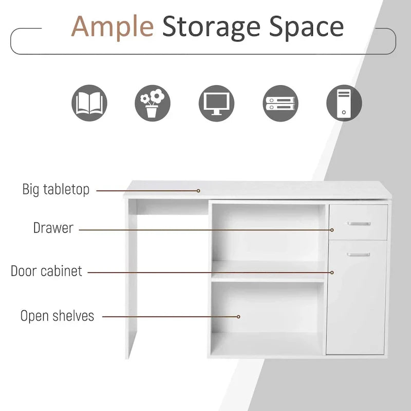 HOMCOM L-Shaped Corner Computer Desk with Rotating Storage Shelves and Drawer for Home and Office Workspaces