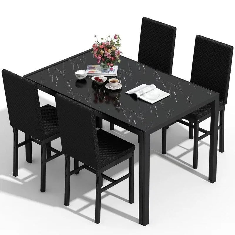 Grondin Contemporary 5-Piece Dining Set with Tempered Glass Table and 4 Diamond-Stitched PU Leather Chairs