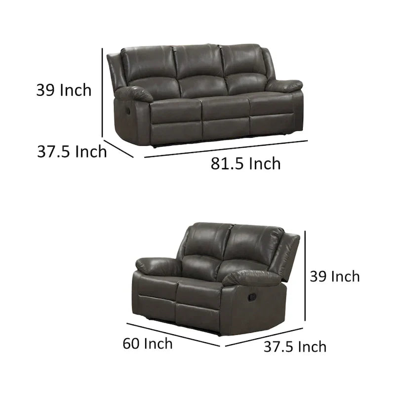 Gray Leather Lizzy Sofa and Loveseat Set with Manual Reclining and Solid Wood Frame
