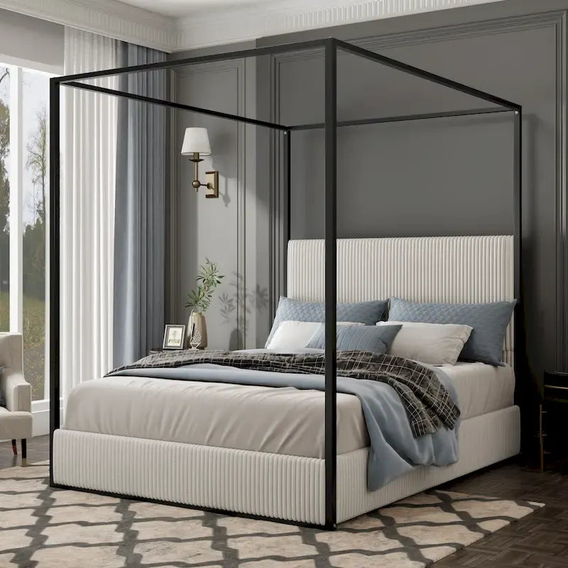 Metal Canopy Platform Bed with Vertical Stripe Upholstered Wingback Headboard - Four Poster, Low Profile Design