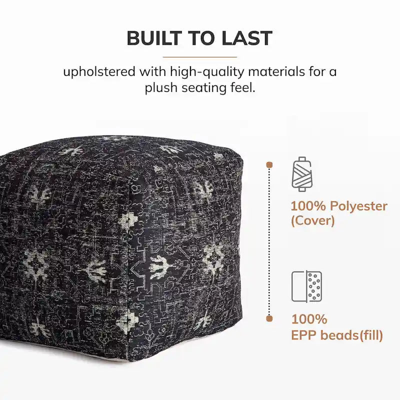 Handmade Black & White Square Pouf Ottoman - 20 x 20 x 20 Inches - Jani Tamarindo Footrest for Living Room and Nursery