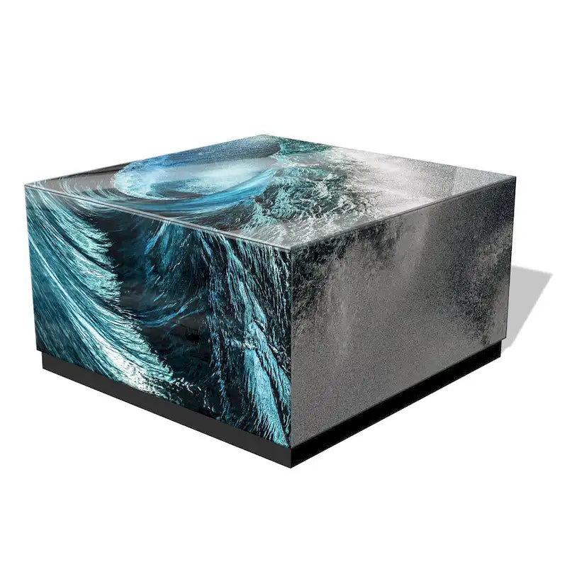 Sapphire Sea Beveled Art Glass Cocktail Table with Black Plinth Base - Reverse Printed Design