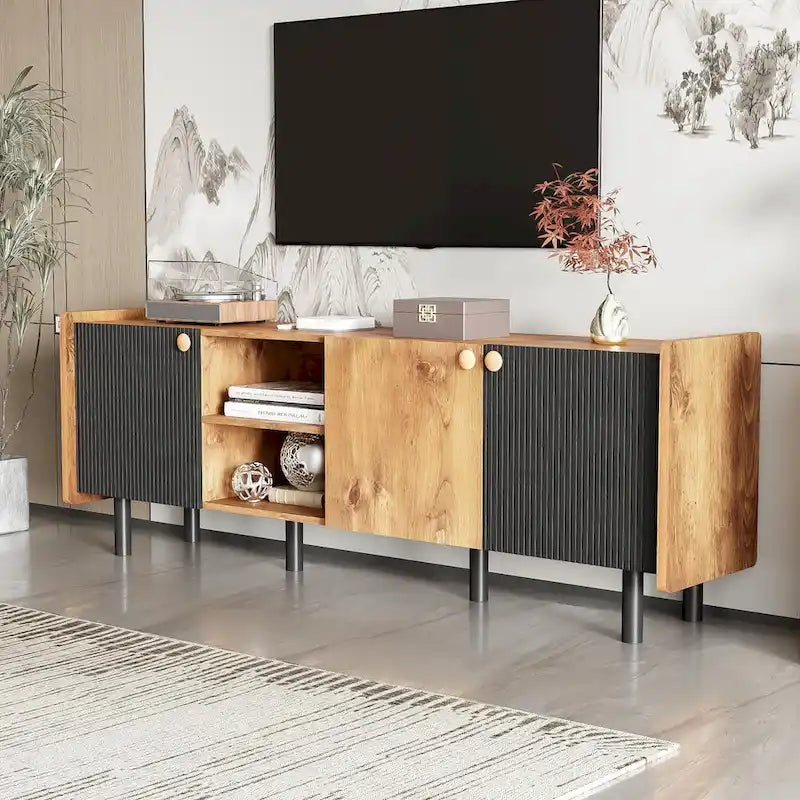 Mid-Century Modern TV Stand with 3 Cabinets - Media Console for TVs up to 70 inches, Stylish Entertainment Center with Storage for Living Room