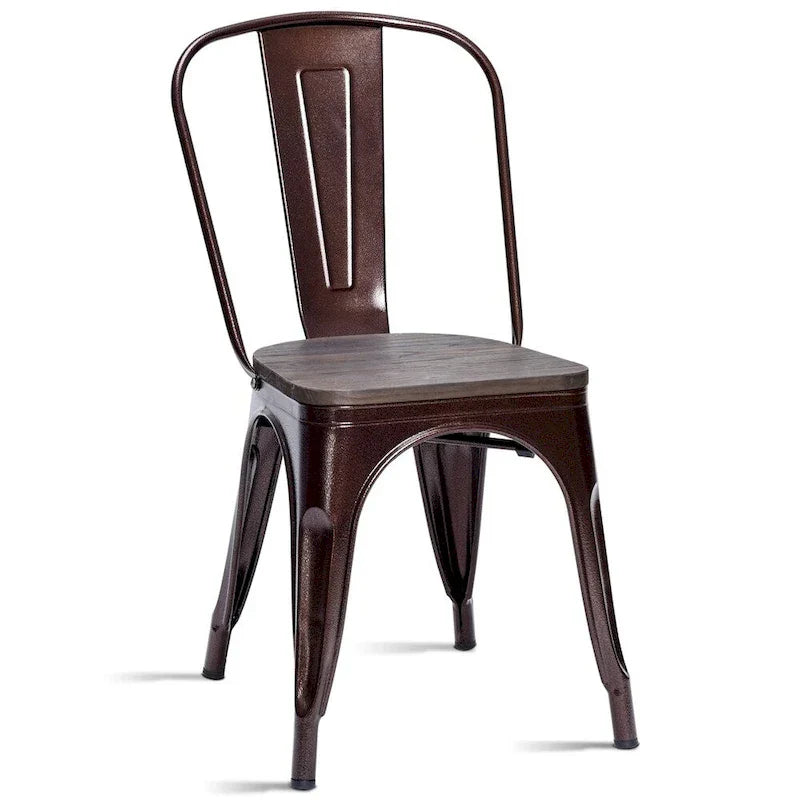 Set of 4 Stackable Bistro Cafe Dining Chairs with Metal Frame and Wooden Seat - Details Inside