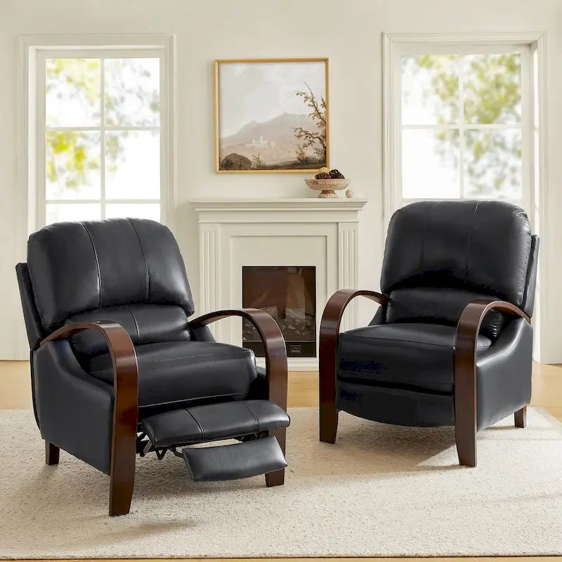 Set of 2 Alex Mid-Century Modern Genuine Leather Manual Recliners with Curved Wooden Arms