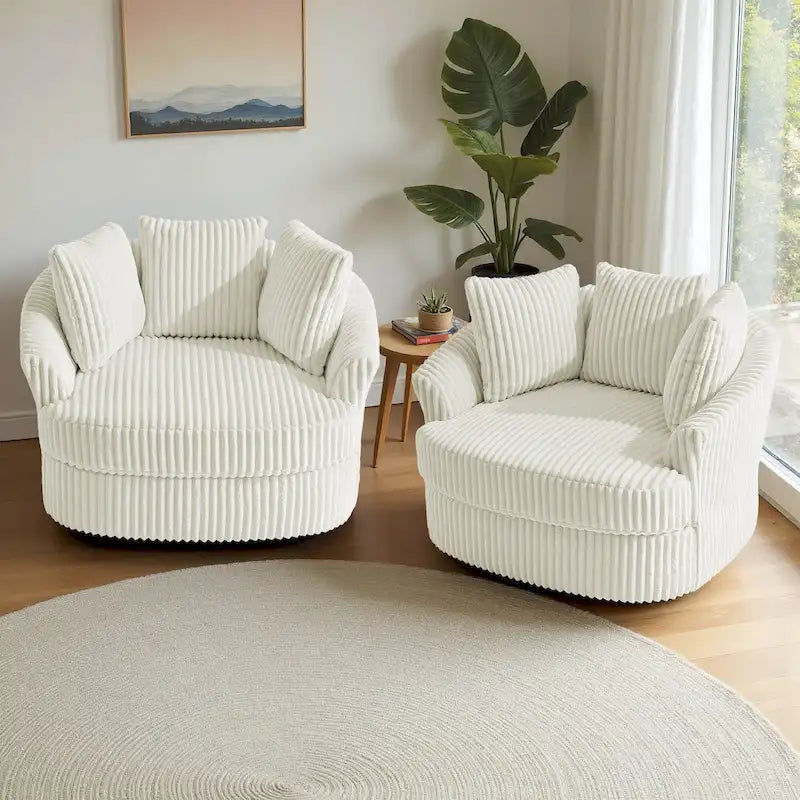 Set of 2 Oversized 43" Plush Corduroy Swivel Barrel Chairs with Cushions