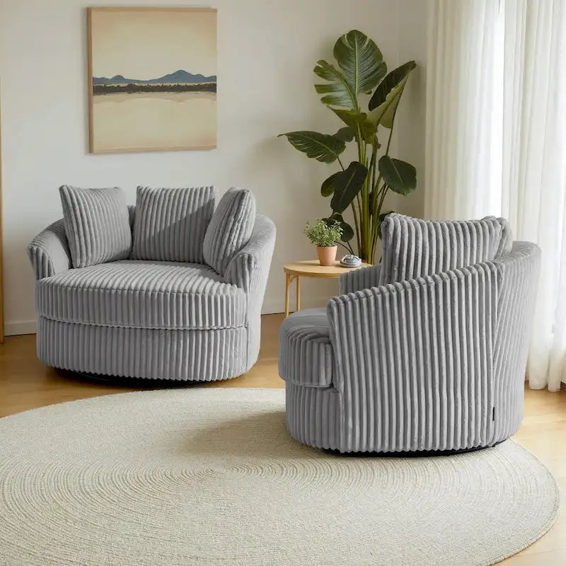Set of 2 Oversized 43" Plush Corduroy Swivel Barrel Chairs with Cushions