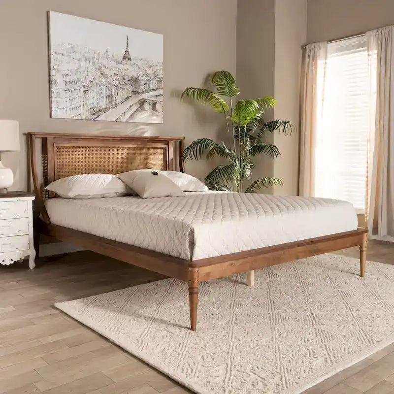 Jamila Contemporary Synthetic Rattan Platform Bed in Walnut Brown