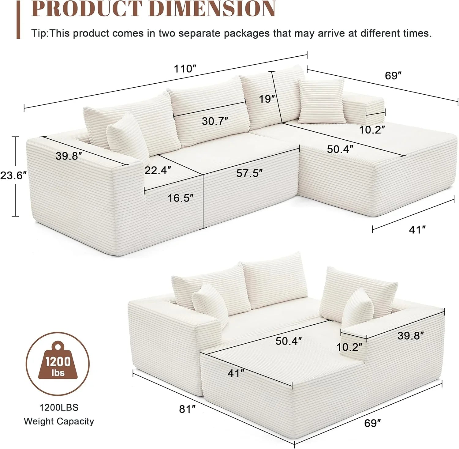 110 Cloud Sectional Couch, Boneless Sofa for Living Room Modular Sectional Sofa with Deep Seat