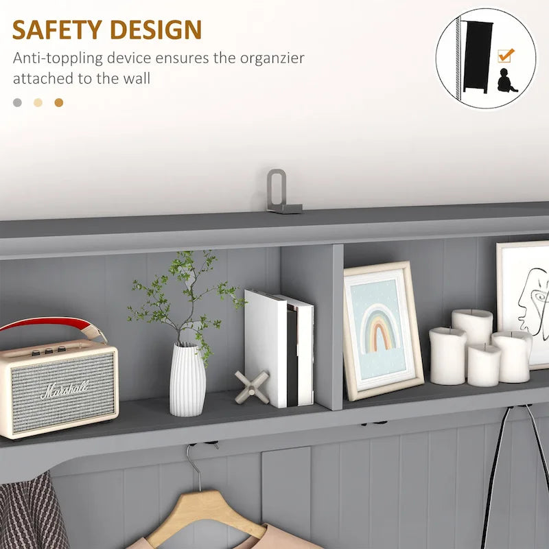 HOMCOM Gray Hall Tree Organizer with Coat Rack, 4 Hooks, 2 Drawers, and Padded Seat Cushions for Entryway