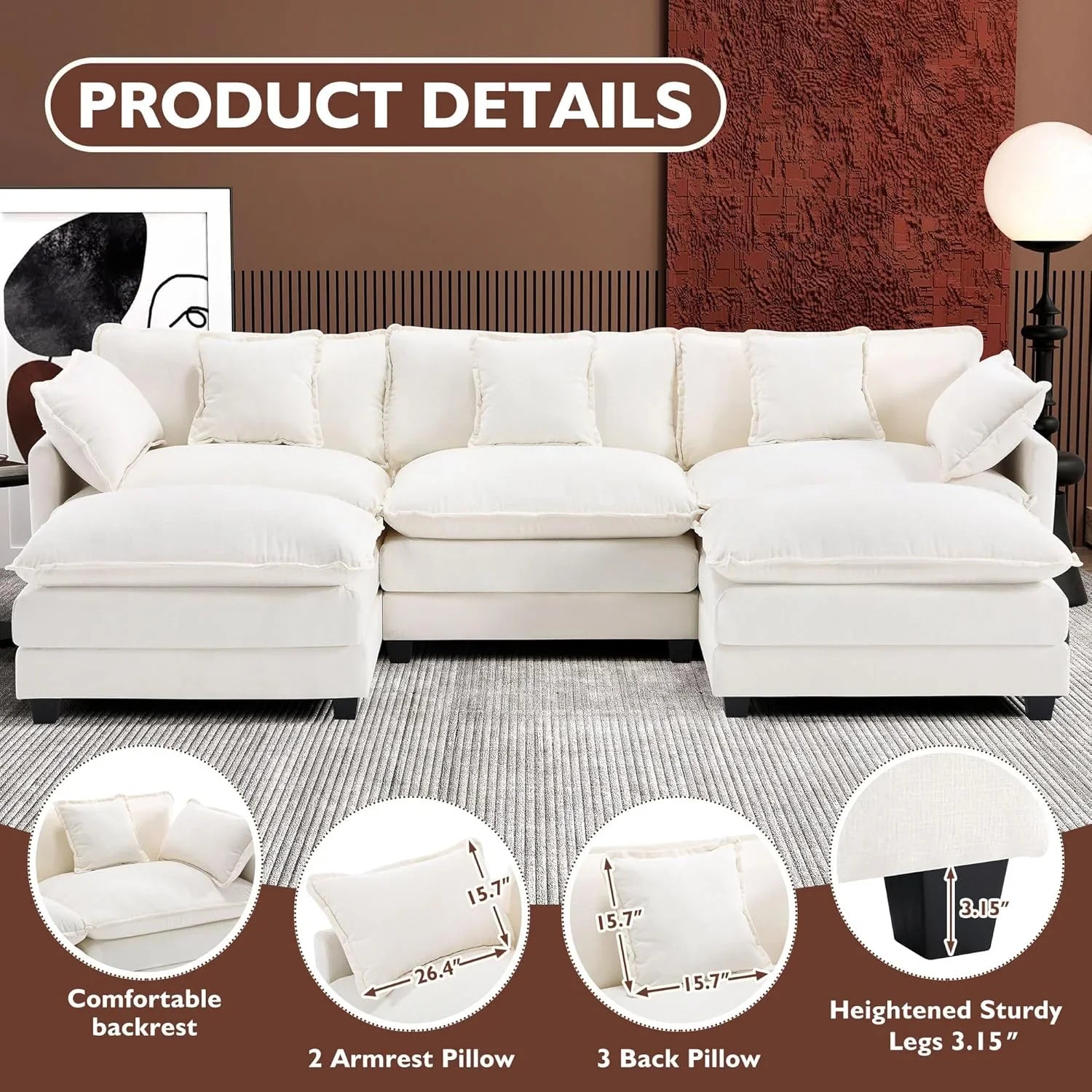 111.4 Inch L-Shaped Modern Sofa Modular Cloud Sofa Ottoman 4-Seater Chenille Deep Seat Sofa