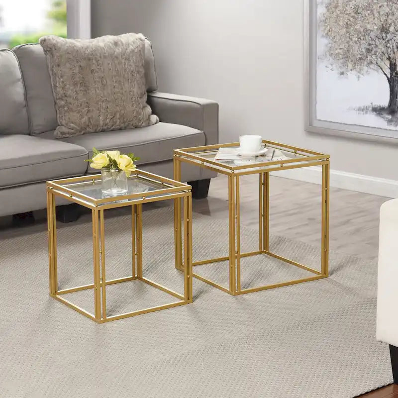 Set of 2 Antique Gold Nested Square Side Tables