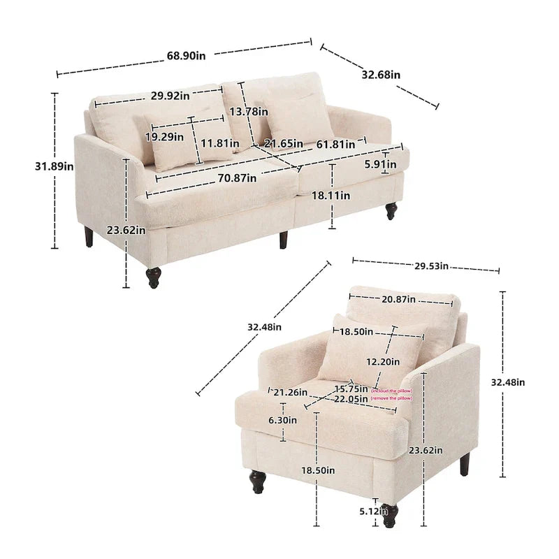 HOMEFUN Chenille Upholstered Loveseat and Armchair Set with Wooden Frame for Living Room