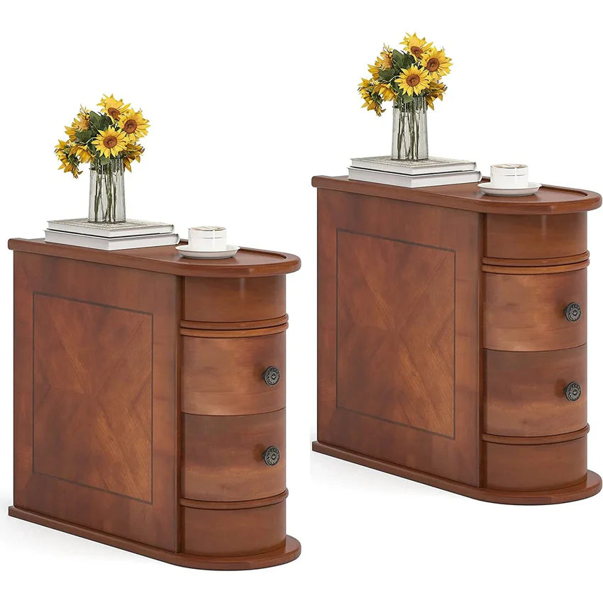 Solid Wood Chairside End Table, Two-Drawer Narrow Side Table Slim