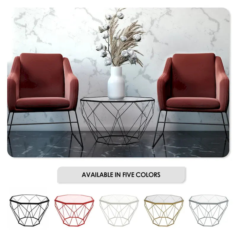 Malibu 22 Modern Octagonal Coffee Table with Tempered Glass Top and Durable Metal Geometric Base for Living Room or Office