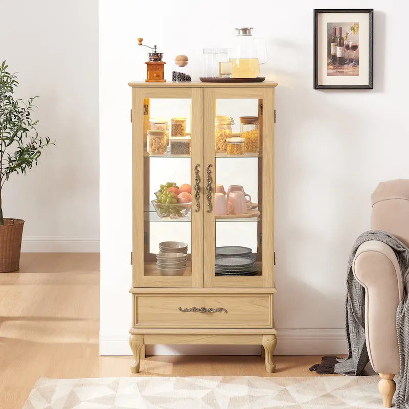 Illuminated Glass Curio Display Cabinet with Adjustable Shelves, Double Doors, and Drawer - Glass Wine Storage Solution