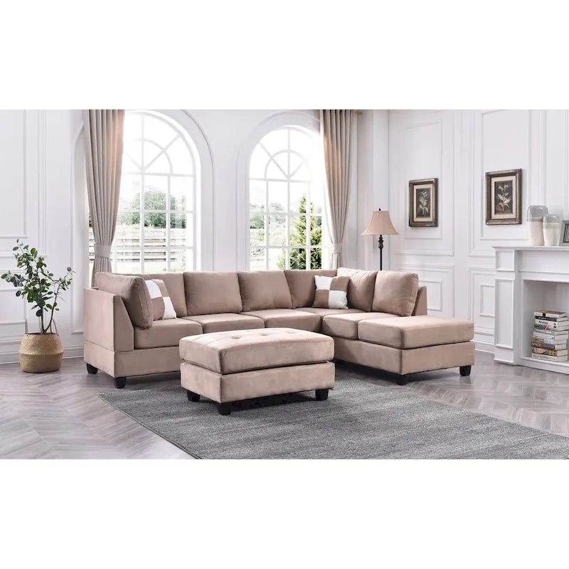 Malone 111-Inch Suede 4-Seater Sectional Sofa with Two Throw Pillows - Dimensions: 111L x 78W x 34H