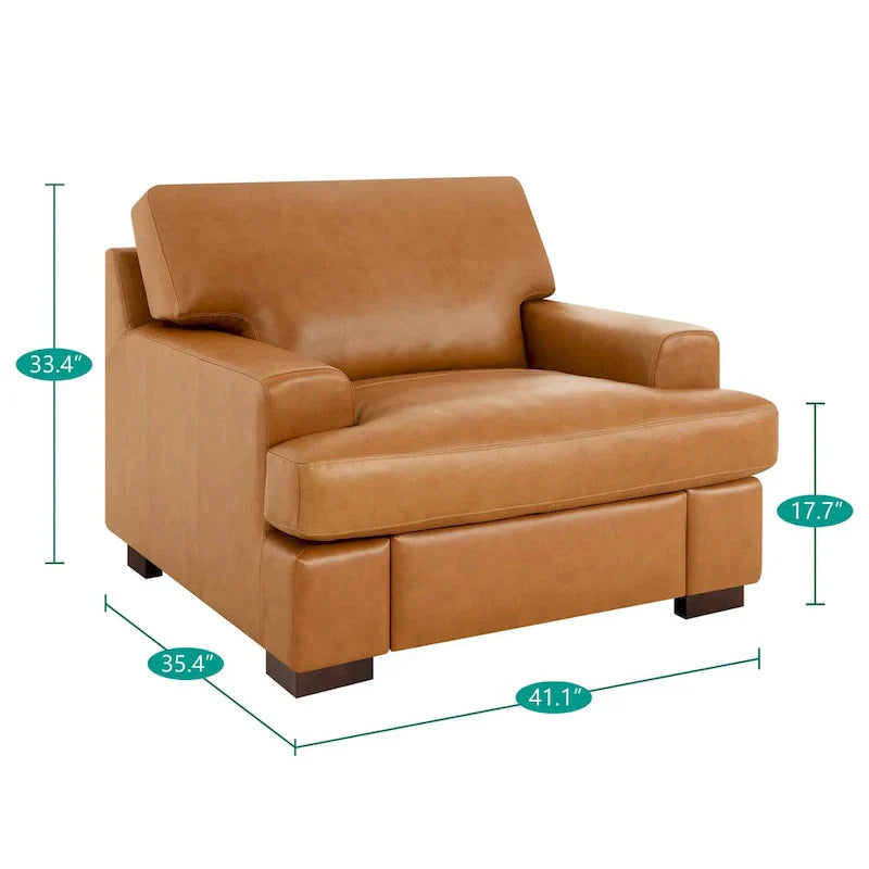 Luxurious Genuine Leather Accent Chair with Goose Feather Cushion, Square Arm Design, and Sturdy Block Legs