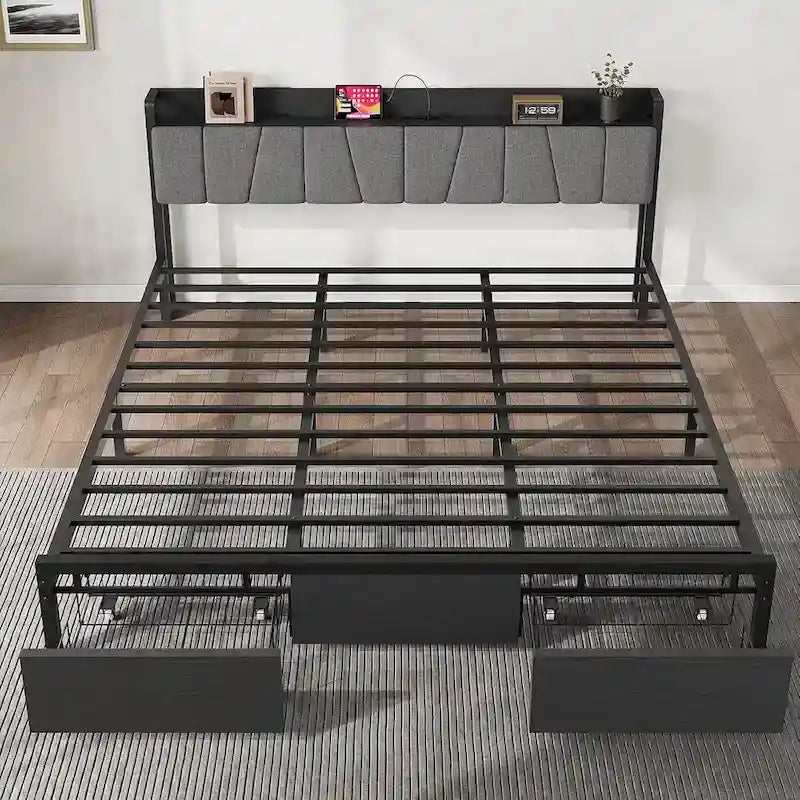 Industrial Black Bed Frame with Storage Headboard, Featuring 2 Spacious Drawers and Built-in Charging Station