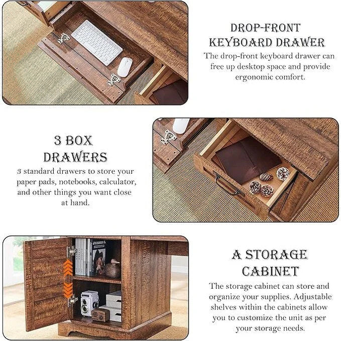 60 Farmhouse Executive Desk, Wood Home Office Desk, Computer Desk