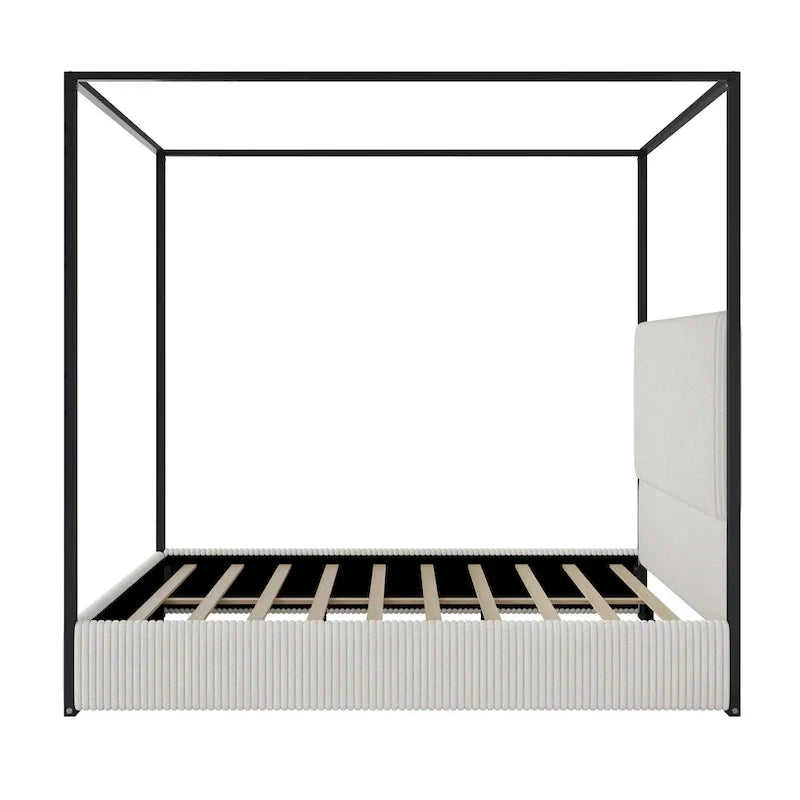 Metal Canopy Platform Bed with Vertical Stripe Upholstered Wingback Headboard - Four Poster, Low Profile Design