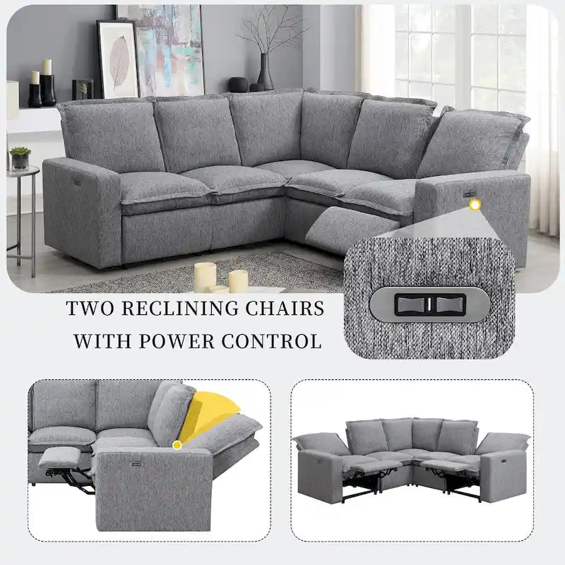 Linen Upholstered Power Recliner L-Shaped Sectional Sofa with USB Port - Soft Home Theater Seating for Living Room