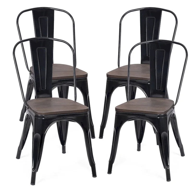Set of 4 Stackable Bistro Cafe Dining Chairs with Metal Frame and Wooden Seat - Details Inside