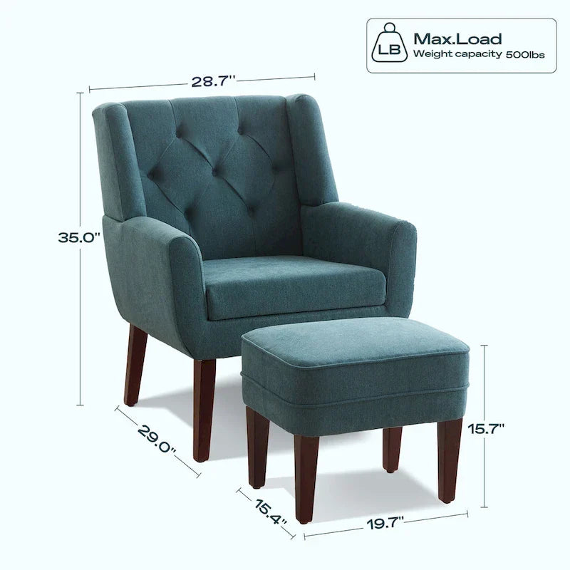 HUIMO Fabric Accent Chair and Ottoman Set - Available in Grey, Beige, Blue, and Dark Teal