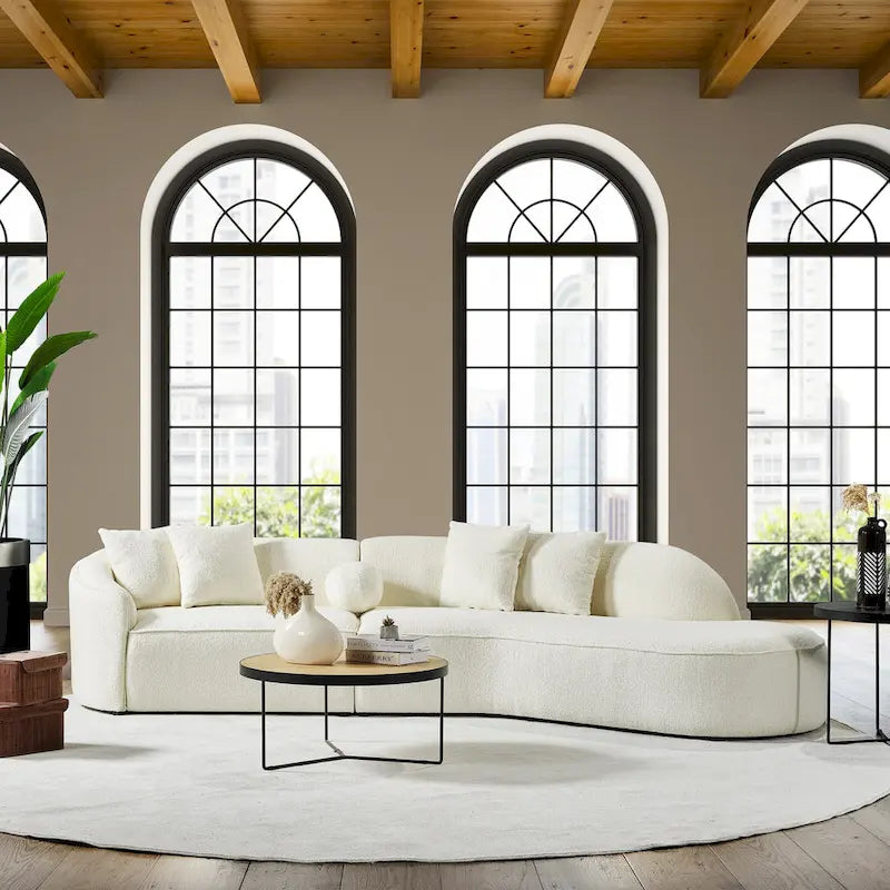 Luxury Modern Curved Sofa in White with Gallar Japandi Style Boucle Fabric