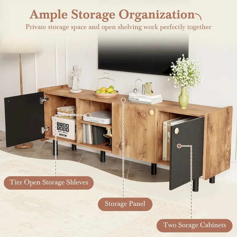 Mid-Century Modern TV Stand with 3 Cabinets - Media Console for TVs up to 70 inches, Stylish Entertainment Center with Storage for Living Room